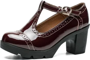 LIURUIJIA Women's Classic Leather T-Strap Mary Jane Heels Ankle Strap Platform Pumps Low Chunky Block Heels Comfortable Round Toe Oxfords Dress Work Shoes