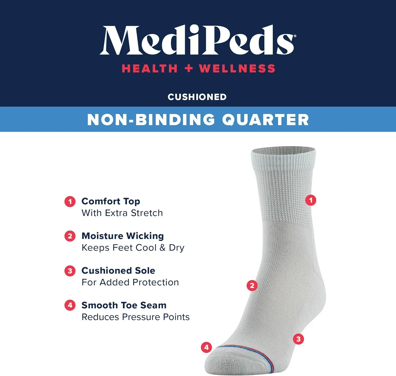 MediPeds Adult Quarter Socks With Non-Binding Top and Cushion, Multipairs