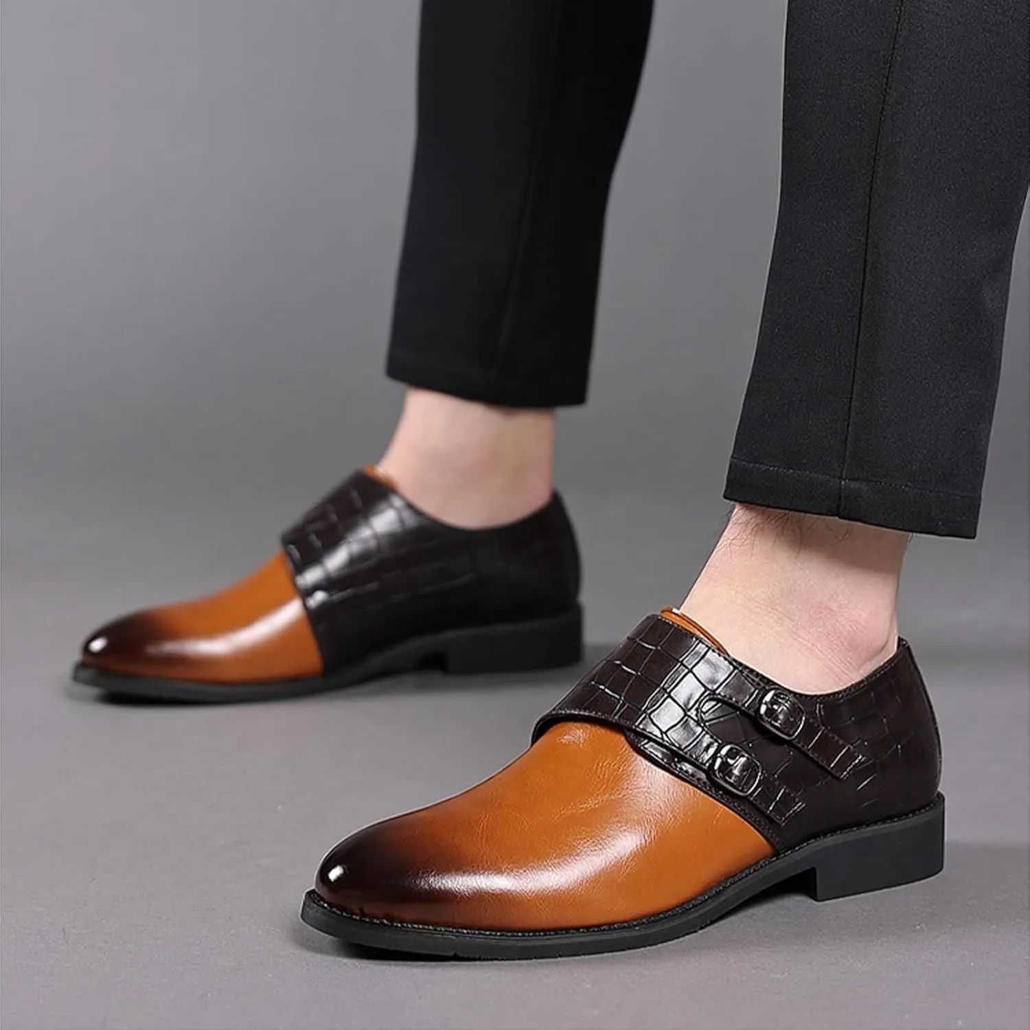Men Leather Double Monk Strap Pointed Toe Slip On Dress Loafers Casual Comfort Non-Slip Oxfords Formal Business Tuxedo Dress Shoes