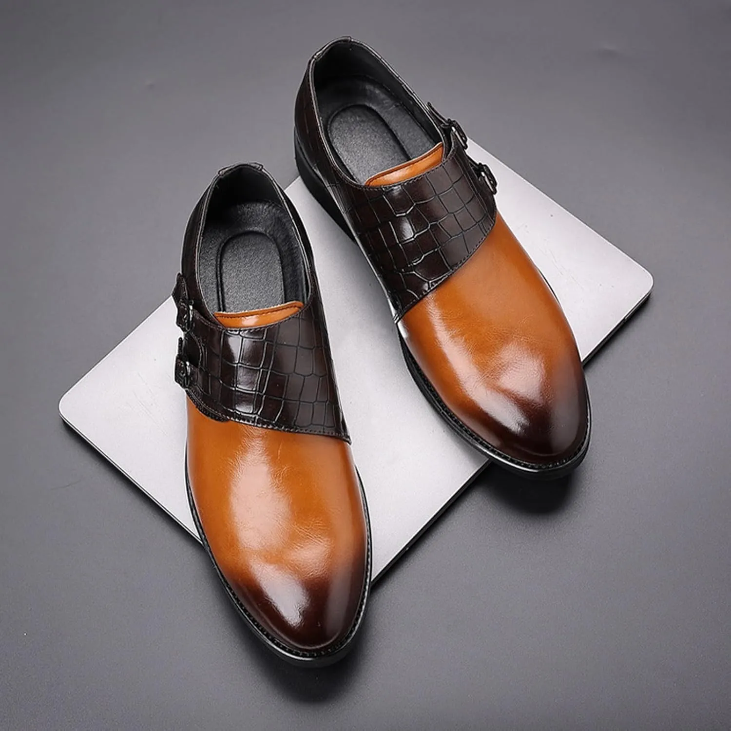 Men Leather Double Monk Strap Pointed Toe Slip On Dress Loafers Casual Comfort Non-Slip Oxfords Formal Business Tuxedo Dress Shoes
