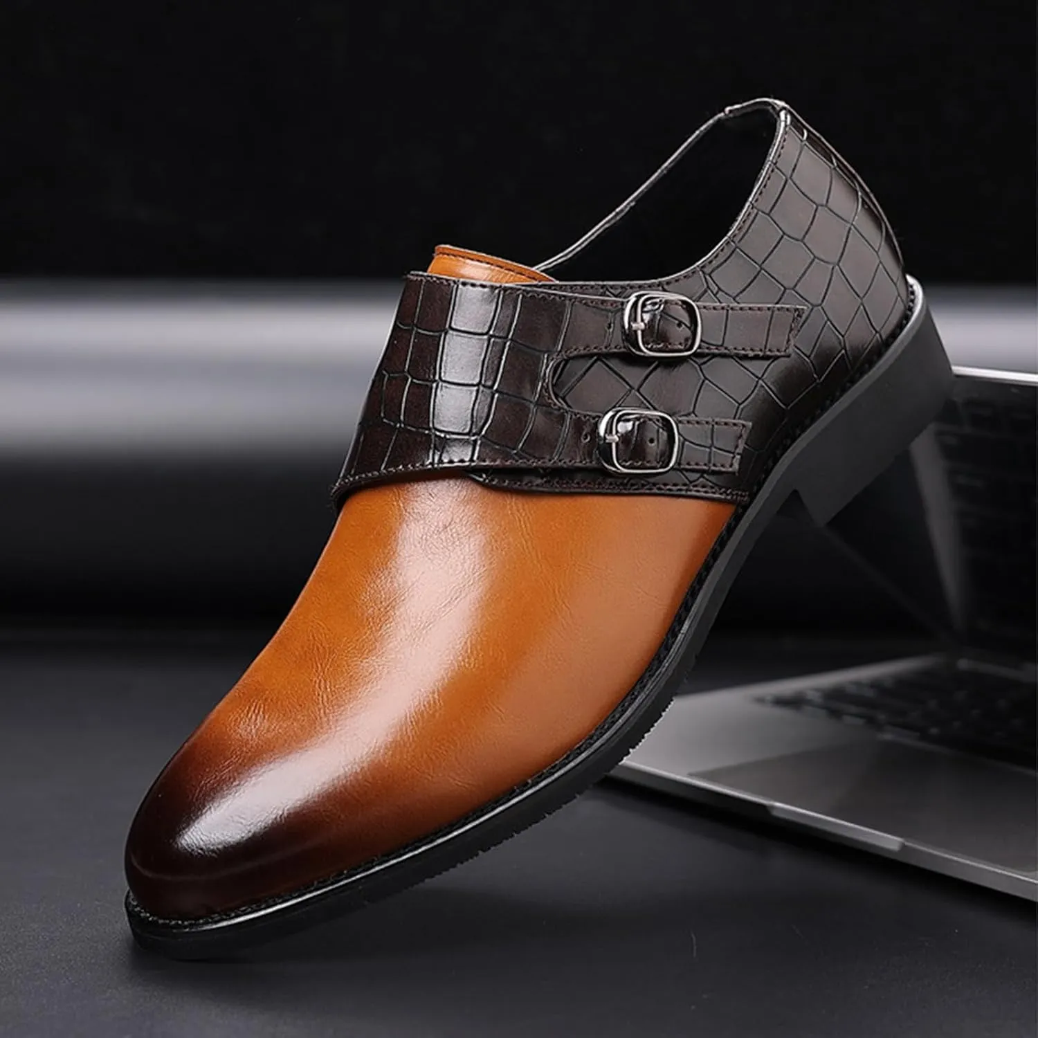 Men Leather Double Monk Strap Pointed Toe Slip On Dress Loafers Casual Comfort Non-Slip Oxfords Formal Business Tuxedo Dress Shoes