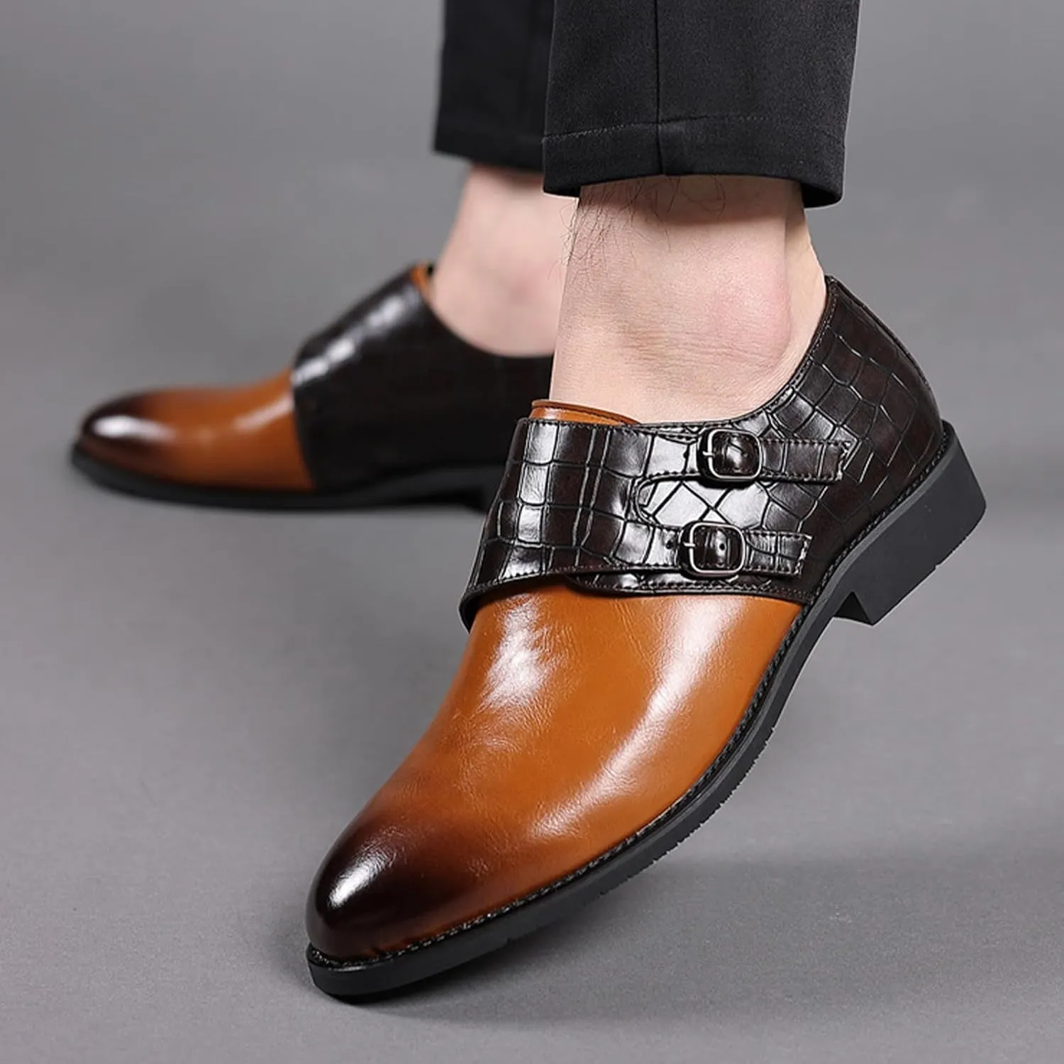 Men Leather Double Monk Strap Pointed Toe Slip On Dress Loafers Casual Comfort Non-Slip Oxfords Formal Business Tuxedo Dress Shoes