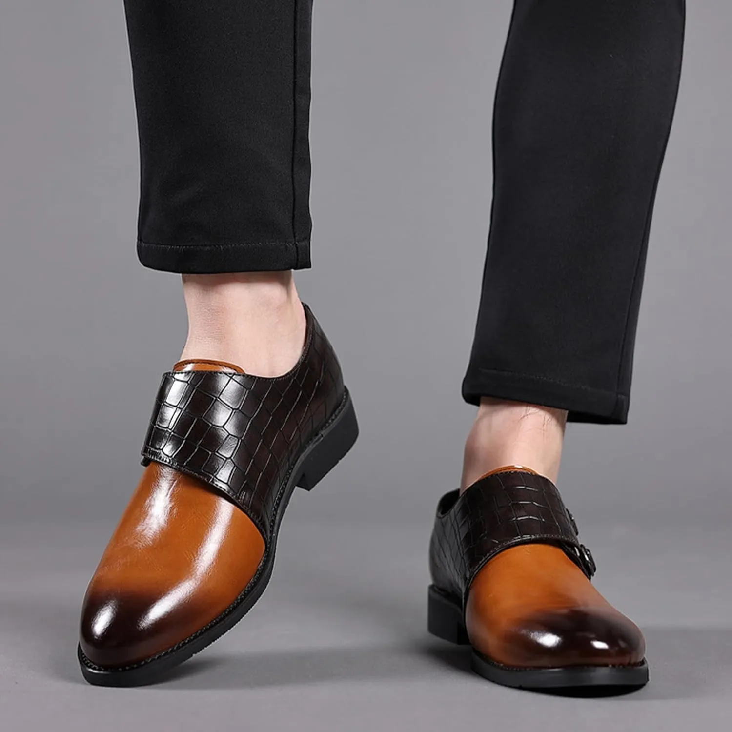 Men Leather Double Monk Strap Pointed Toe Slip On Dress Loafers Casual Comfort Non-Slip Oxfords Formal Business Tuxedo Dress Shoes