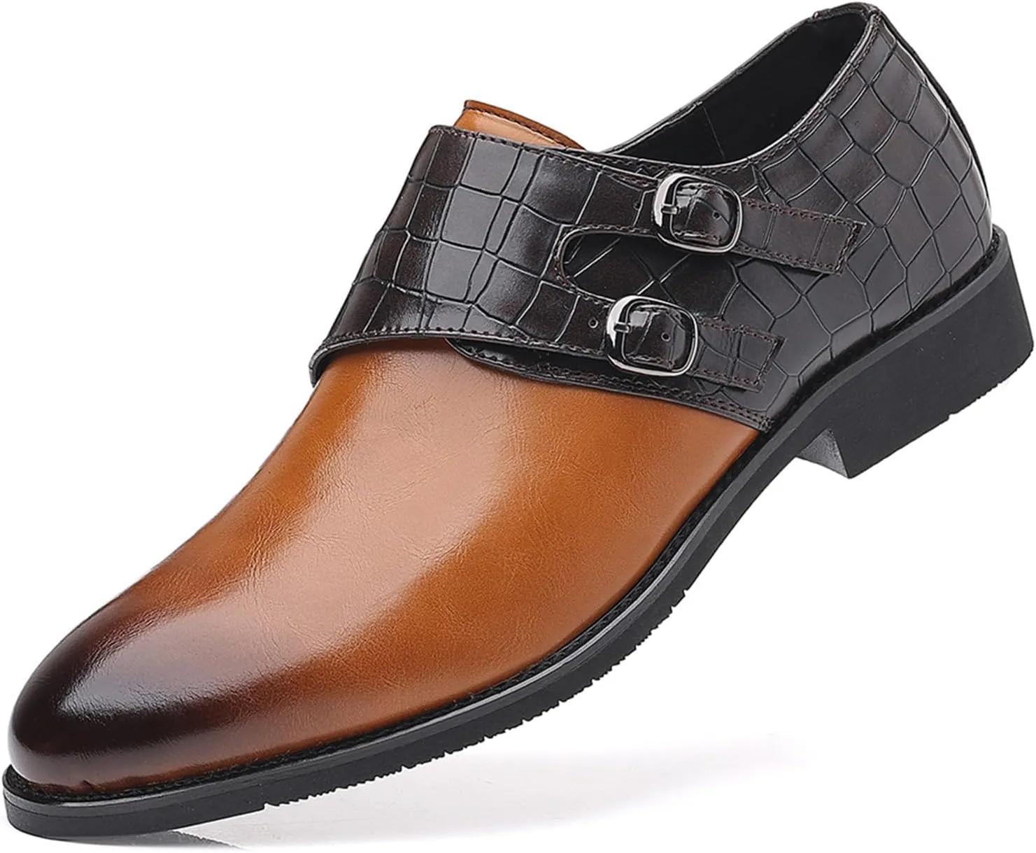 Men Leather Double Monk Strap Pointed Toe Slip On Dress Loafers Casual Comfort Non-Slip Oxfords Formal Business Tuxedo Dress Shoes