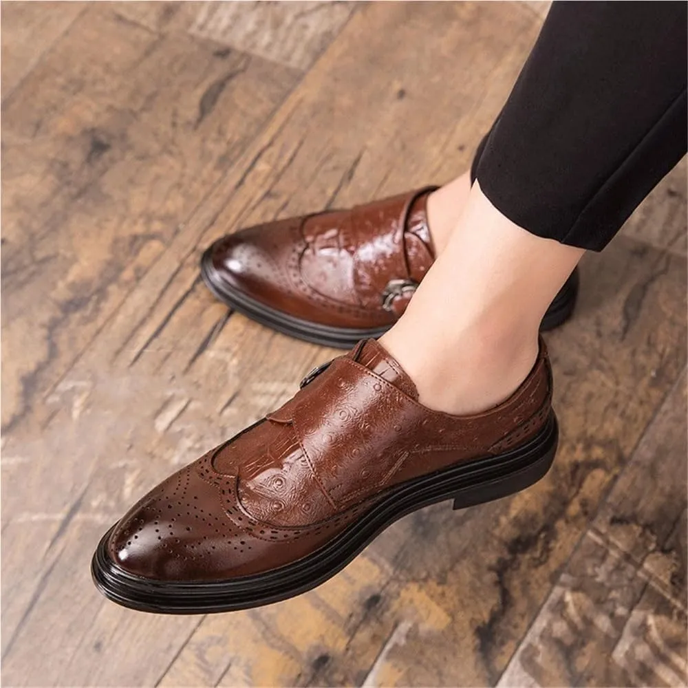 Mens Breathable Leather Oxford Monk Shoes Single Buckle Pointed Toe Slip On Fashion Dress Business Office Wedding Party