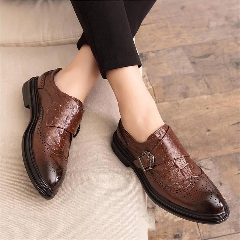 Mens Breathable Leather Oxford Monk Shoes Single Buckle Pointed Toe Slip On Fashion Dress Business Office Wedding Party
