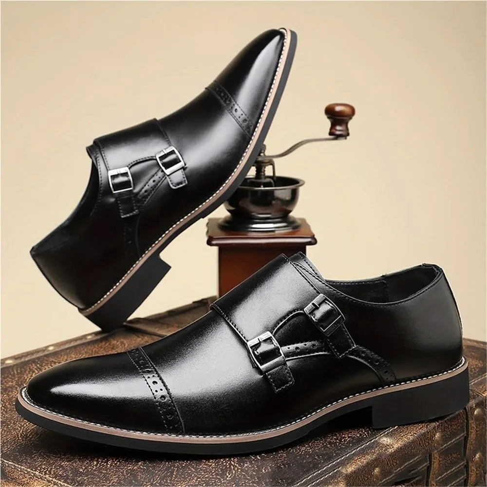 Mens Fashion Black Leather Oxford Dress Shoes Pointed Toe Wedding Gentleman Office Classic Business Hasp Monk Casual