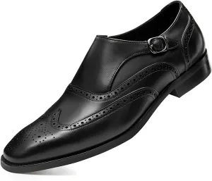 Men's Full Brogue Oxford Vintage Genuine Leather Slip on Style Wingtips Buckle Monk Strap Square Toe Dress Shoes Block Heel Solid Color Oxfords Formal Men