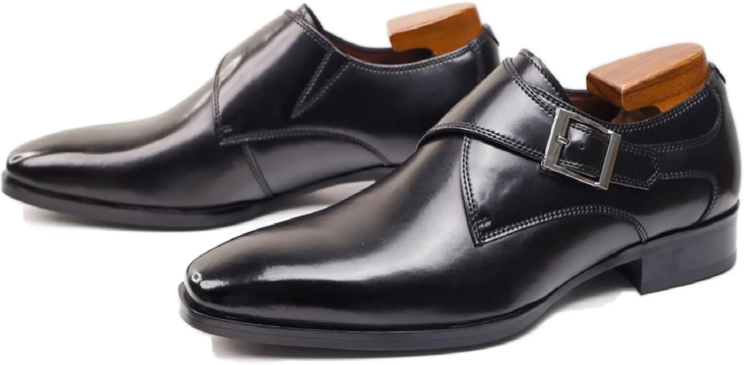Men's Genuine Leather Monk Strap Low Heel Oxfords Classic Pointed Toe Low Top Slip On Dress Loafers Business Casual Office Wedding Formal Shoes