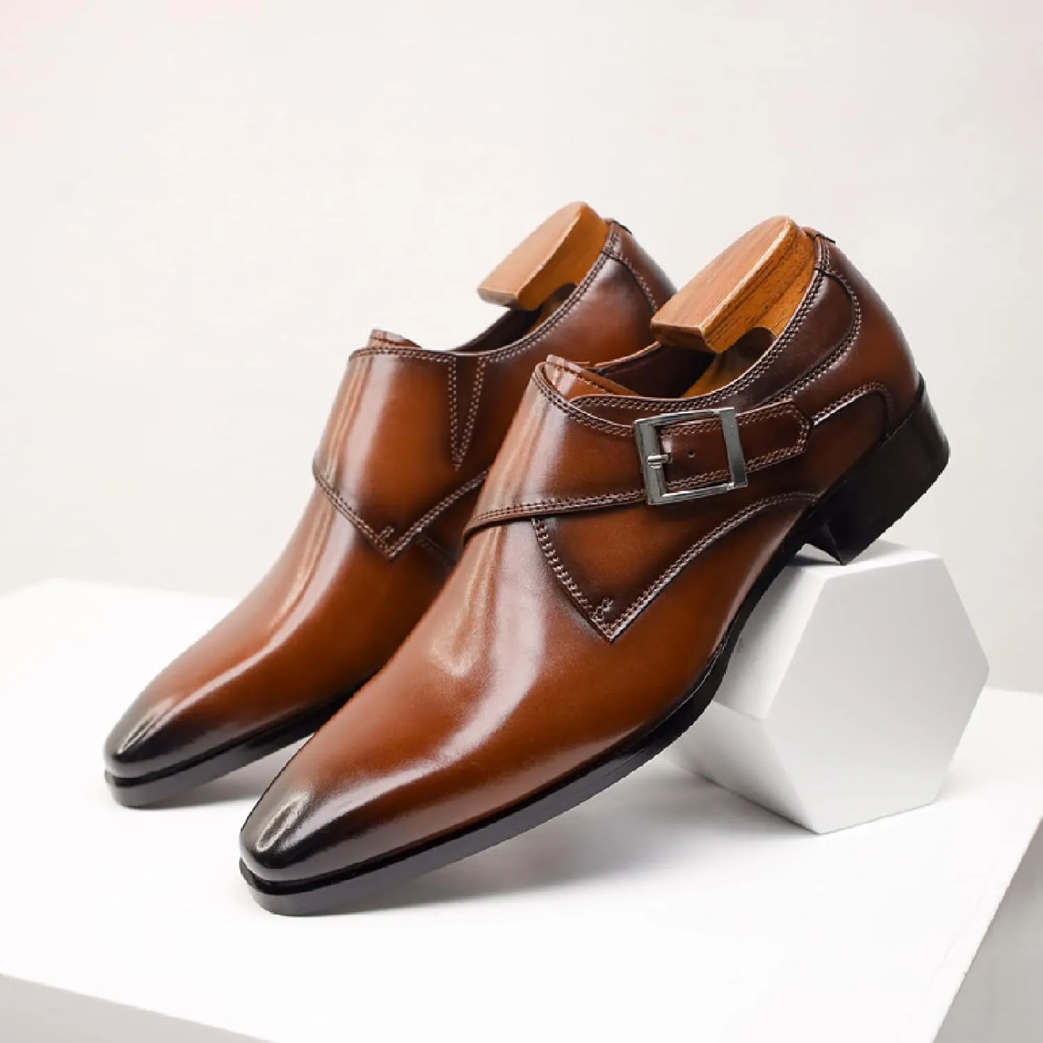 Men's Genuine Leather Monk Strap Low Heel Oxfords Classic Pointed Toe Low Top Slip On Dress Loafers Business Casual Office Wedding Formal Shoes