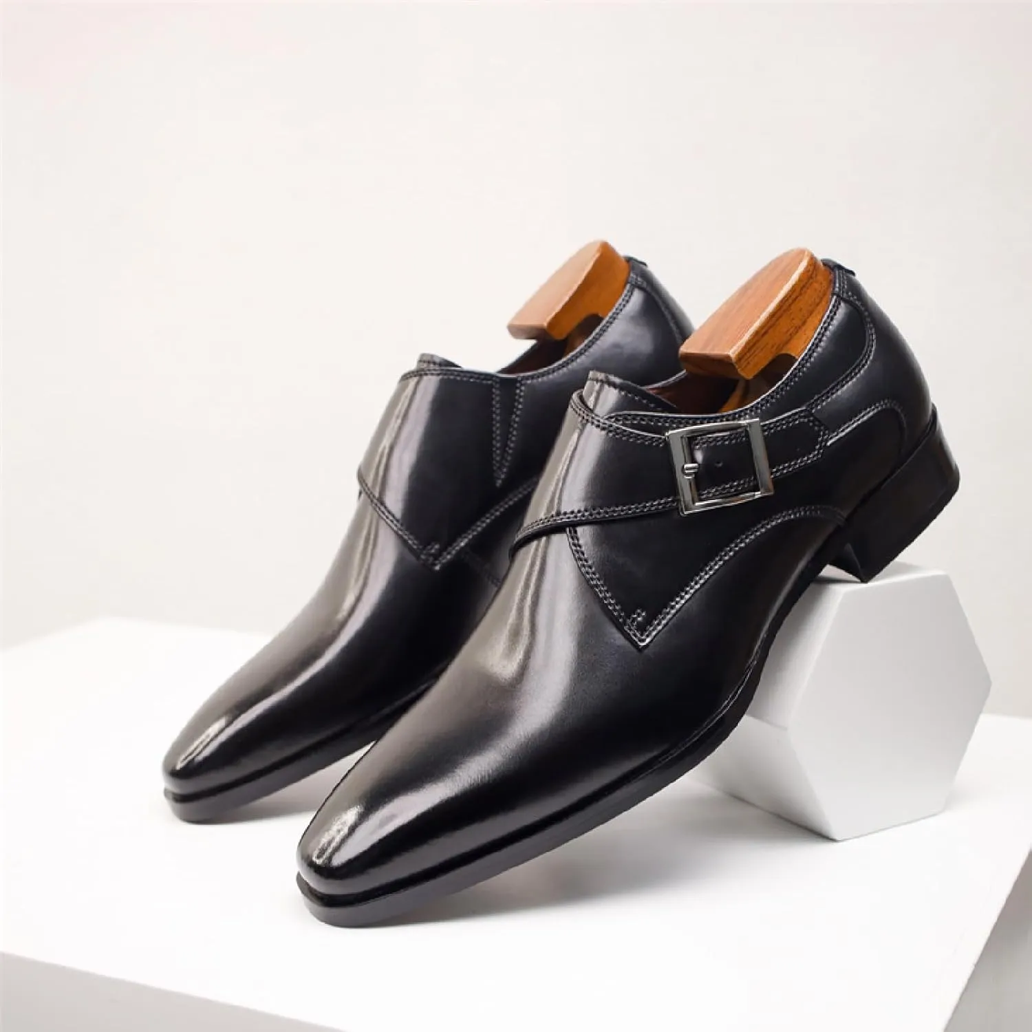 Men's Genuine Leather Monk Strap Low Heel Oxfords Classic Pointed Toe Low Top Slip On Dress Loafers Business Casual Office Wedding Formal Shoes