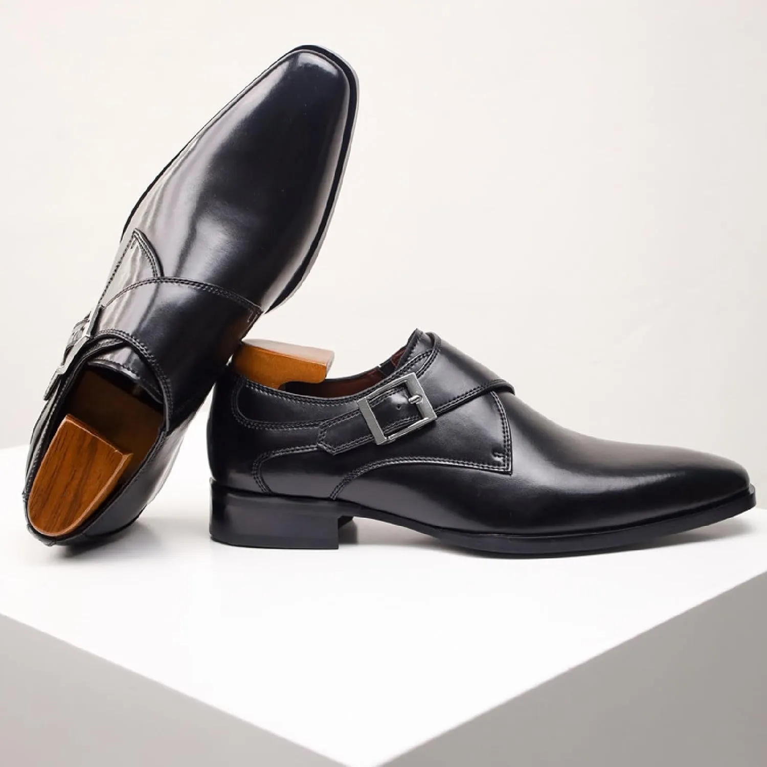 Men's Genuine Leather Monk Strap Low Heel Oxfords Classic Pointed Toe Low Top Slip On Dress Loafers Business Casual Office Wedding Formal Shoes