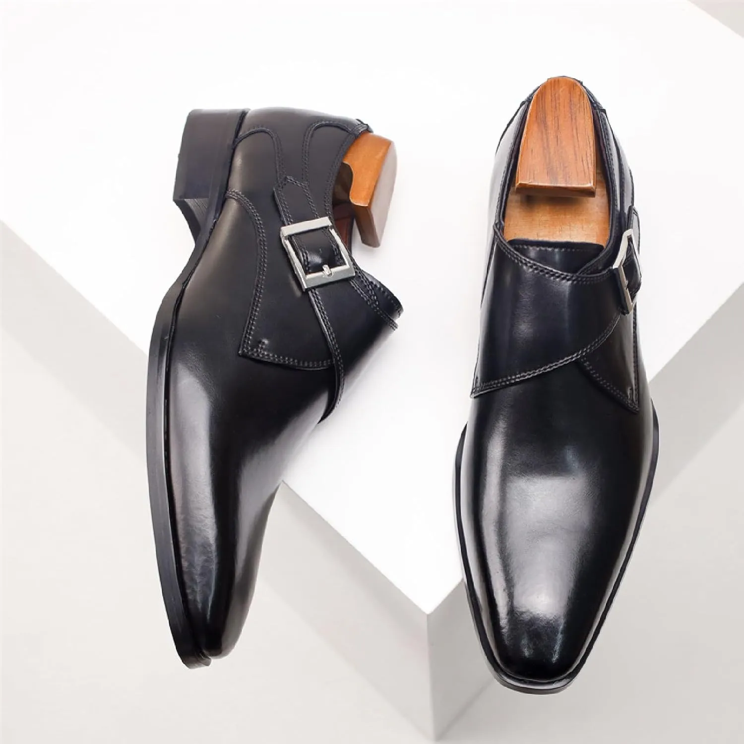 Men's Genuine Leather Monk Strap Low Heel Oxfords Classic Pointed Toe Low Top Slip On Dress Loafers Business Casual Office Wedding Formal Shoes