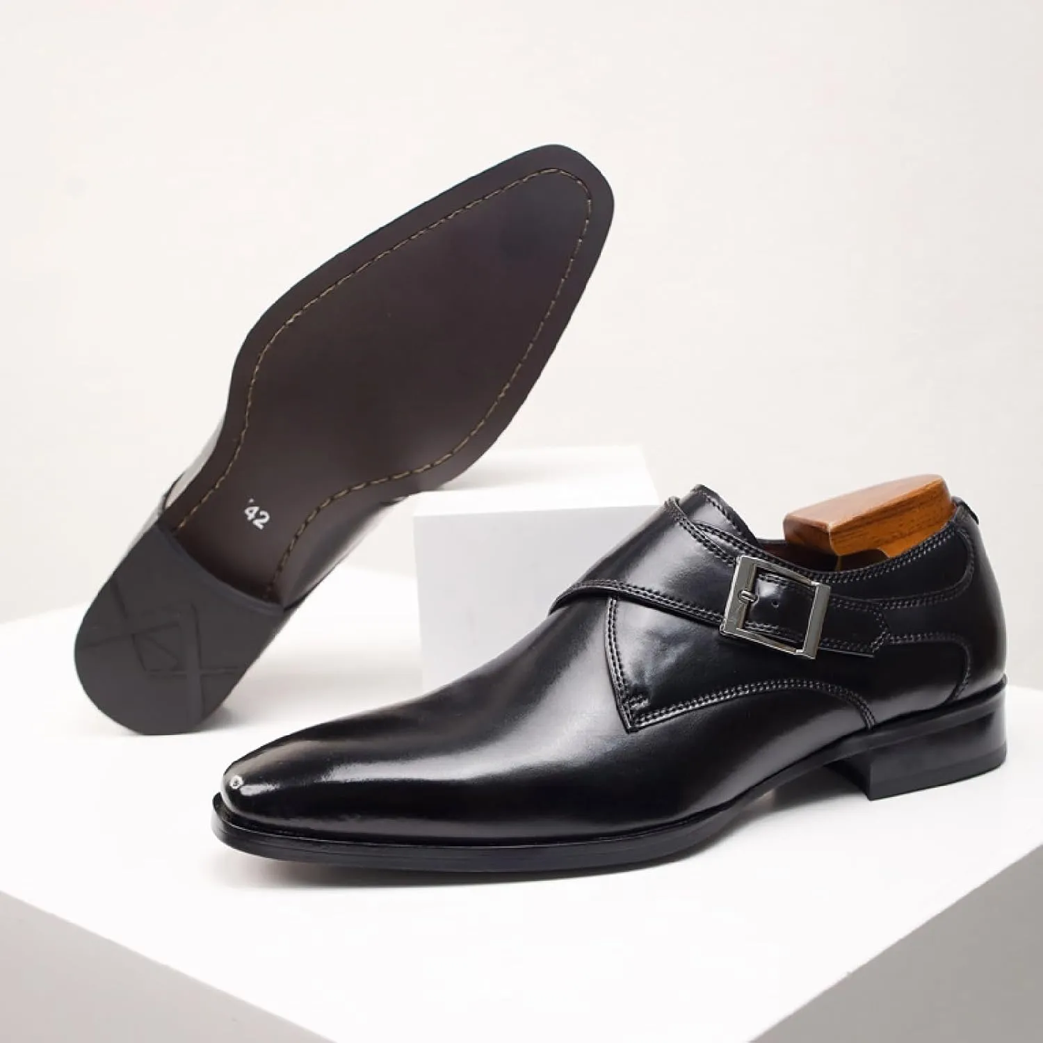 Men's Genuine Leather Monk Strap Low Heel Oxfords Classic Pointed Toe Low Top Slip On Dress Loafers Business Casual Office Wedding Formal Shoes