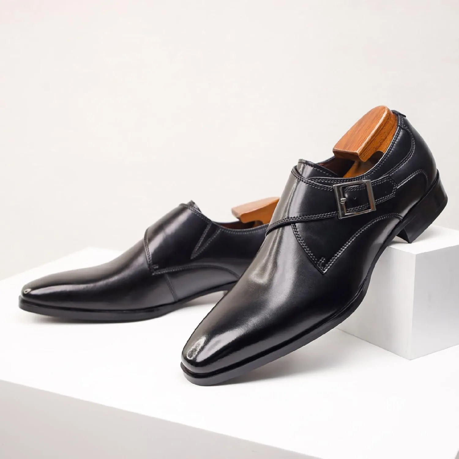 Men's Genuine Leather Monk Strap Low Heel Oxfords Classic Pointed Toe Low Top Slip On Dress Loafers Business Casual Office Wedding Formal Shoes