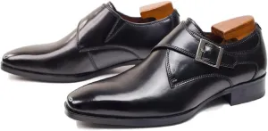 Men's Genuine Leather Monk Strap Low Heel Oxfords Classic Pointed Toe Low Top Slip On Dress Loafers Business Casual Office Wedding Formal Shoes
