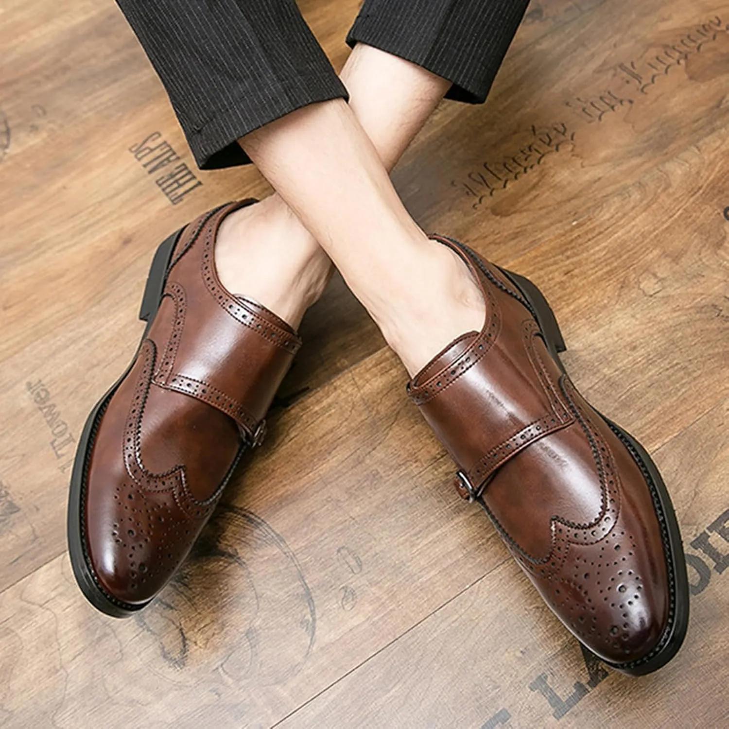 Men's Leather Double Monk Strap Brogue Dress Oxfords Shoes Fashion Classic Wingtip Low Top Slip On Loafers Business Casual Comfortable Formal Shoes