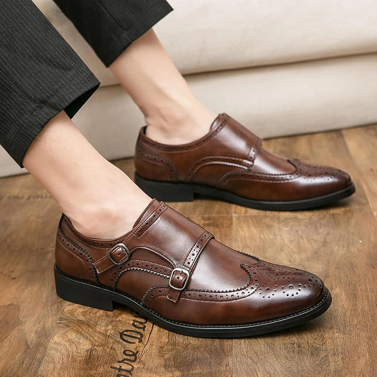 Men's Leather Double Monk Strap Brogue Dress Oxfords Shoes Fashion Classic Wingtip Low Top Slip On Loafers Business Casual Comfortable Formal Shoes