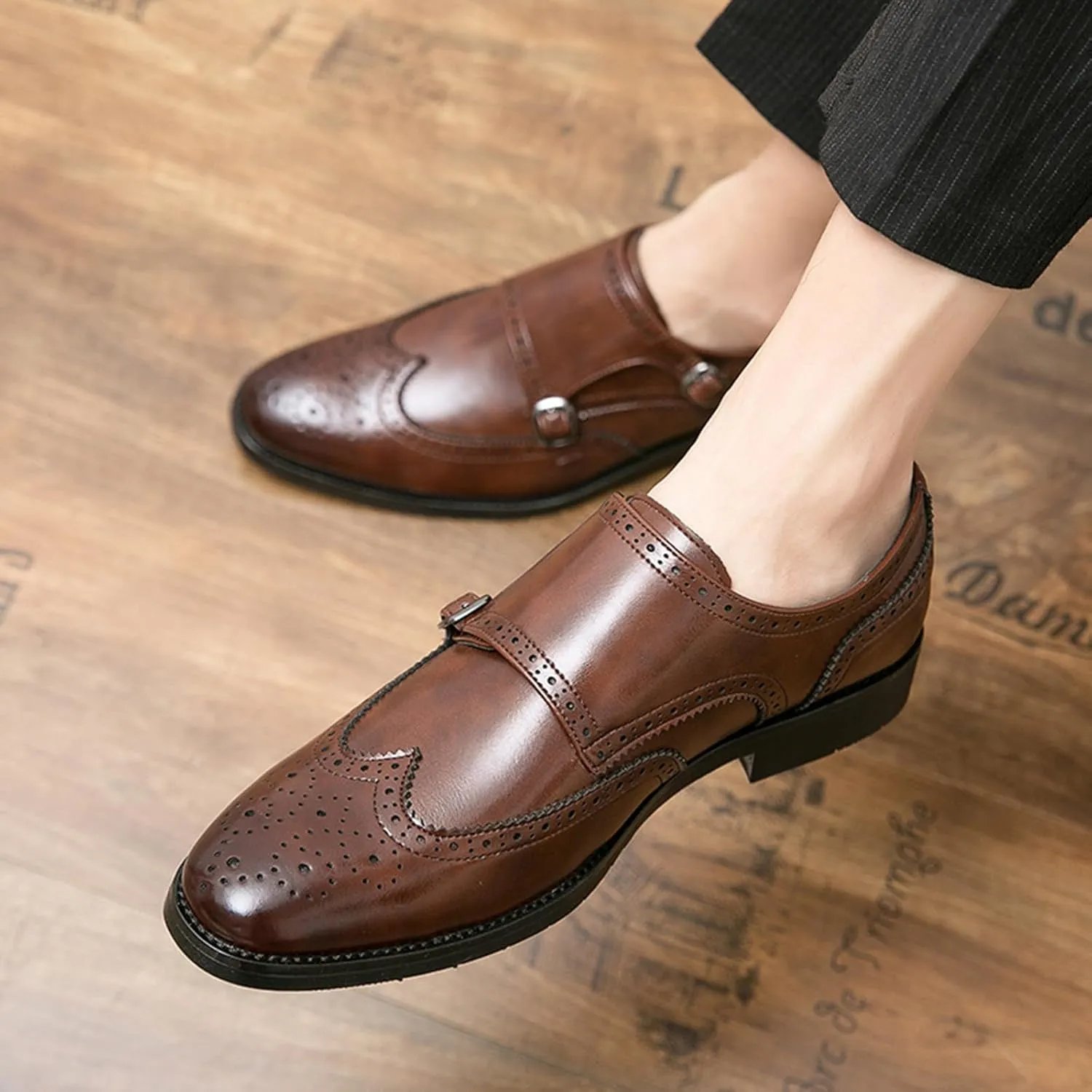Men's Leather Double Monk Strap Brogue Dress Oxfords Shoes Fashion Classic Wingtip Low Top Slip On Loafers Business Casual Comfortable Formal Shoes