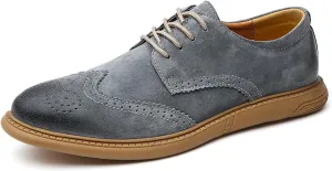Men's Retro Leather Oxford Dress Shoes - Wingtip Brogue Derby with Round Toe Low Heel Lace-Up Design for Business Formal & Casual Wear - Comfortable & Stylish