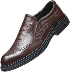 Men's Trendy Brogue Wingtip Oxfords Shoes Men's Vintage Crocodile Print Strap Slip On Dress Shoes Heightening Effect Business Casual Shoes