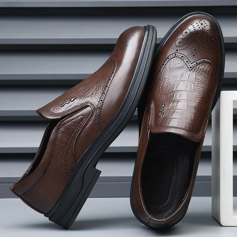 Men's Trendy Brogue Wingtip Oxfords Shoes Men's Vintage Crocodile Print Strap Slip On Dress Shoes Heightening Effect Business Casual Shoes
