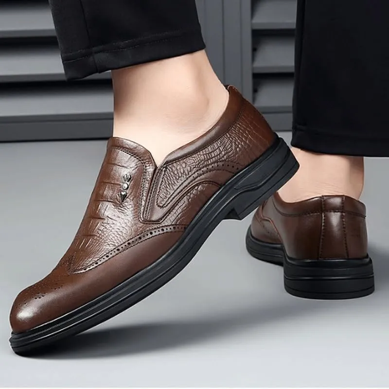Men's Trendy Brogue Wingtip Oxfords Shoes Men's Vintage Crocodile Print Strap Slip On Dress Shoes Heightening Effect Business Casual Shoes