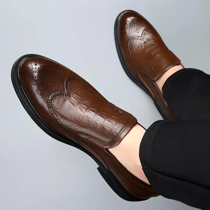 Men's Trendy Brogue Wingtip Oxfords Shoes Men's Vintage Crocodile Print Strap Slip On Dress Shoes Heightening Effect Business Casual Shoes