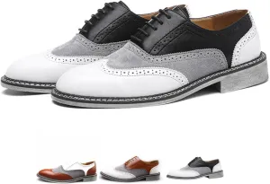 Men's Two Tone Patchwork Brogue Oxfords Shoes Fashion Classic Round-Toe Lace Up Low Top Leather Dress Shoes Hand Stitched Business Formal Derby Shoes