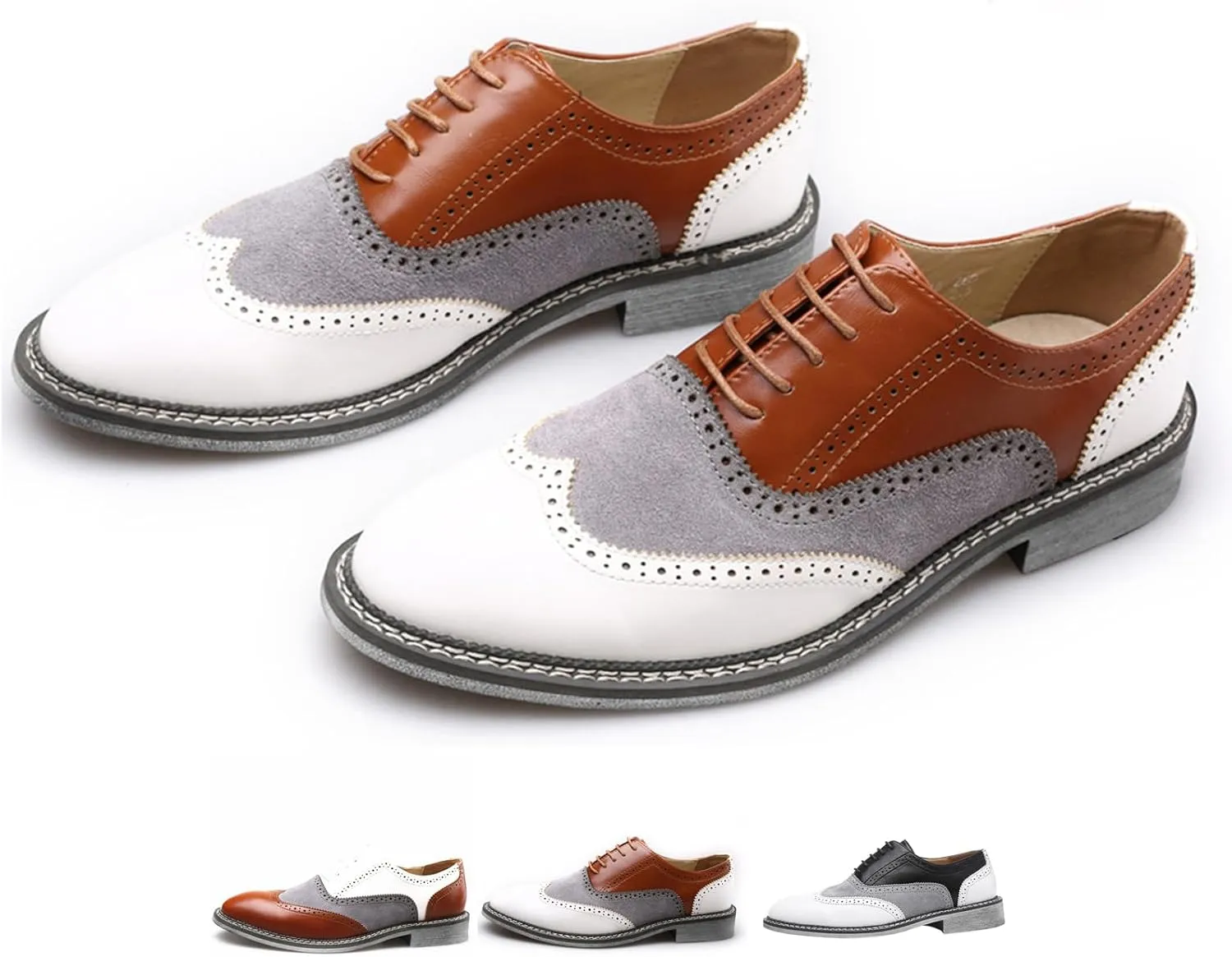 Men's Two Tone Patchwork Brogue Oxfords Shoes Fashion Classic Round-Toe Lace Up Low Top Leather Dress Shoes Hand Stitched Business Formal Derby Shoes