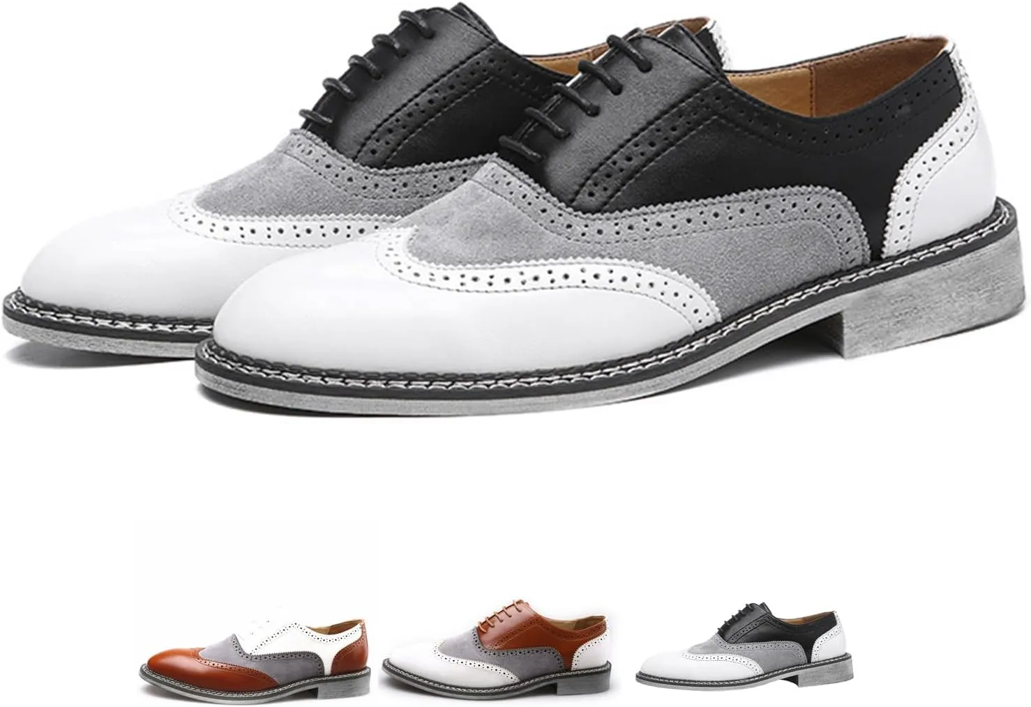 Men's Two Tone Patchwork Brogue Oxfords Shoes Fashion Classic Round-Toe Lace Up Low Top Leather Dress Shoes Hand Stitched Business Formal Derby Shoes