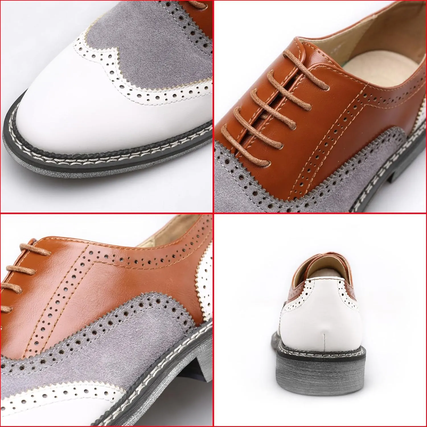 Men's Two Tone Patchwork Brogue Oxfords Shoes Fashion Classic Round-Toe Lace Up Low Top Leather Dress Shoes Hand Stitched Business Formal Derby Shoes
