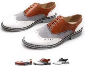 Men's Two Tone Patchwork Brogue Oxfords Shoes Fashion Classic Round-Toe Lace Up Low Top Leather Dress Shoes Hand Stitched Business Formal Derby Shoes