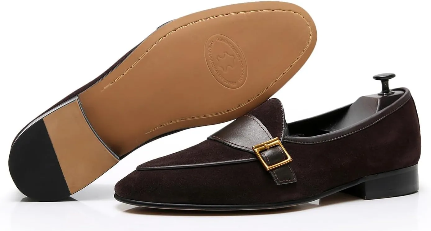 Men's Velvet Penny Loafers with Gold Buckle, Genuine Leather Formal Dress Slip On Shoes,Prom Wedding Tuxedo Shoes for Men