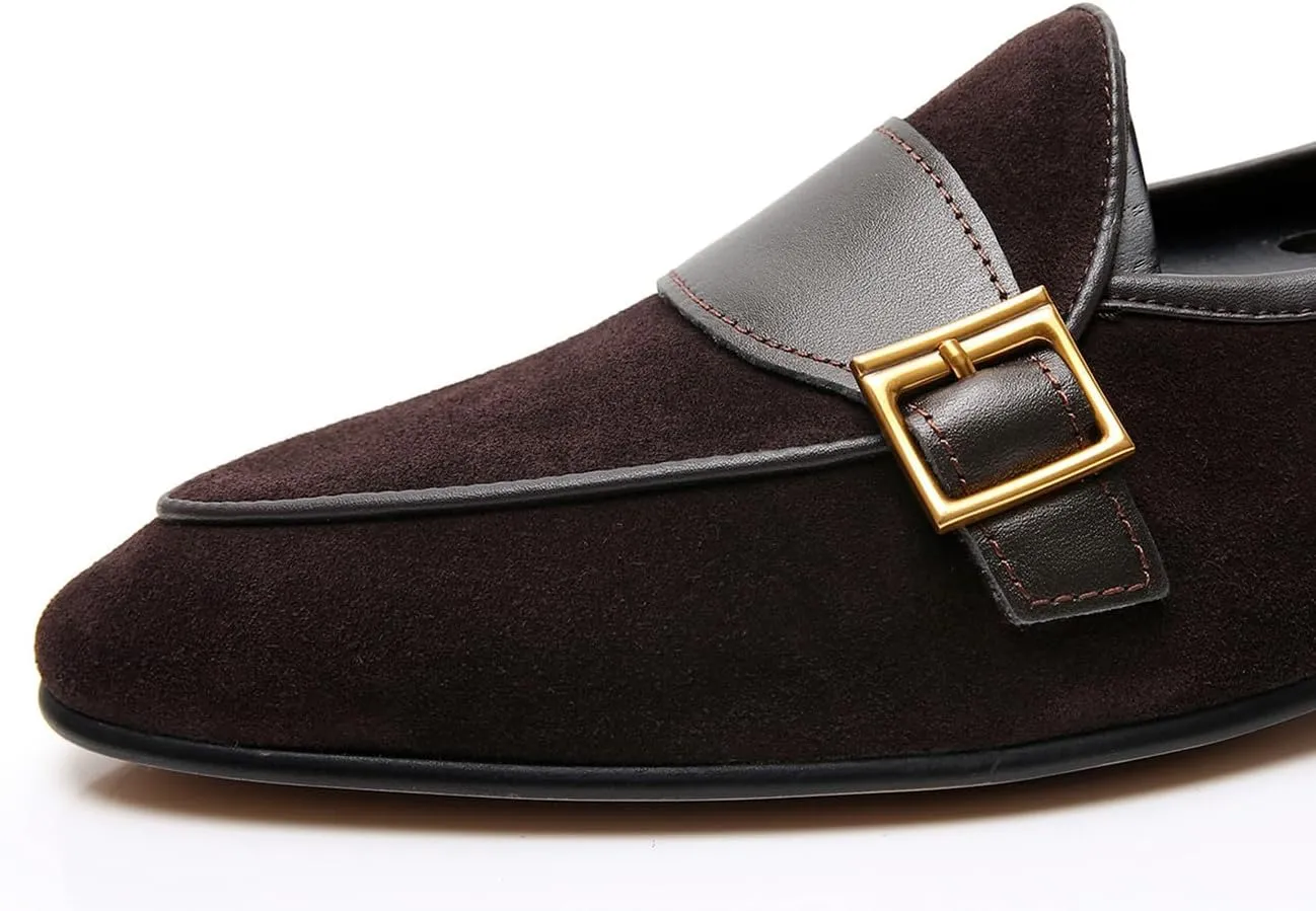 Men's Velvet Penny Loafers with Gold Buckle, Genuine Leather Formal Dress Slip On Shoes,Prom Wedding Tuxedo Shoes for Men
