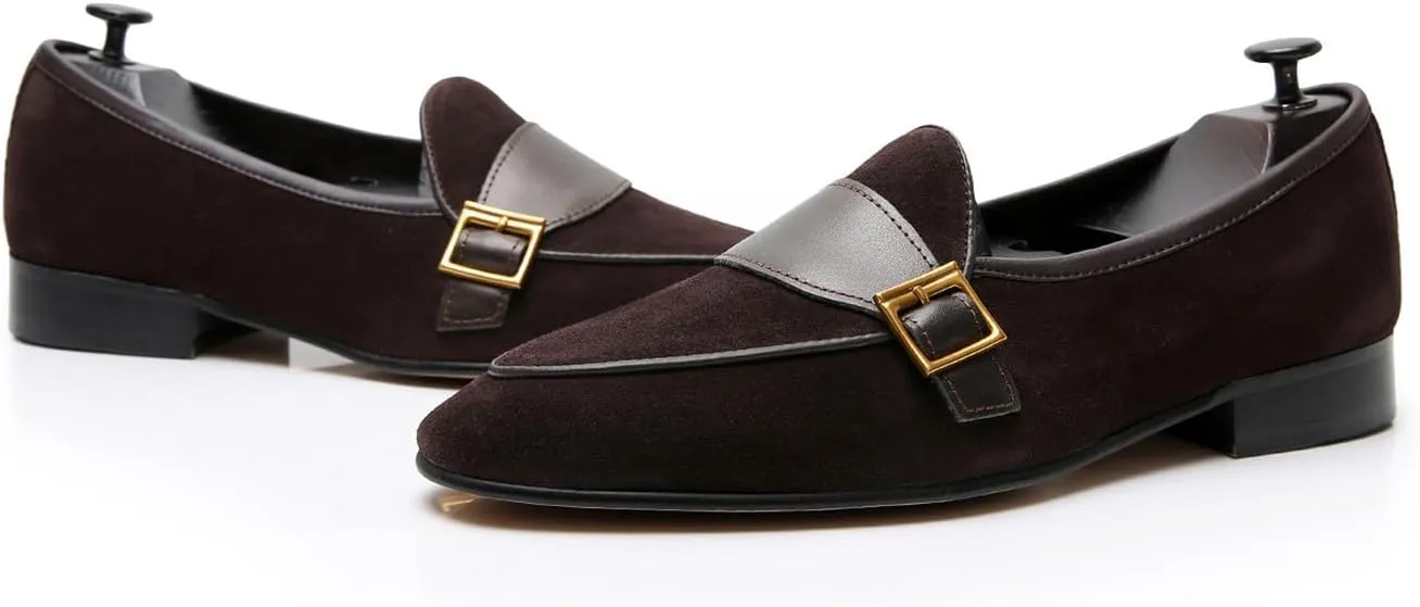 Men's Velvet Penny Loafers with Gold Buckle, Genuine Leather Formal Dress Slip On Shoes,Prom Wedding Tuxedo Shoes for Men