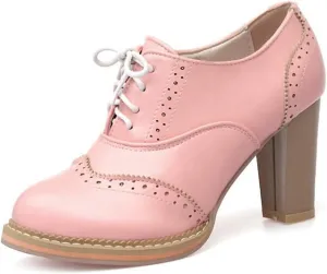 MIOKE Women's Chunky High Heel Pump Oxford Brogues Buckle Wingtip Perforated Platform Vintage Dress Shoes