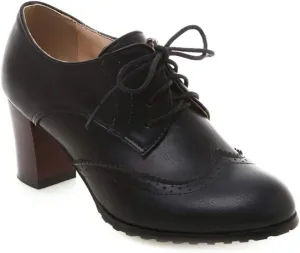 MIOKE Women's Lace Up Wingtip Pump Oxfords Brogues Perforated Chunky Block High Heel Vintage Dress Shoes