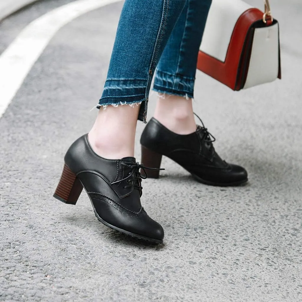 MIOKE Women's Lace Up Wingtip Pump Oxfords Brogues Perforated Chunky Block High Heel Vintage Dress Shoes