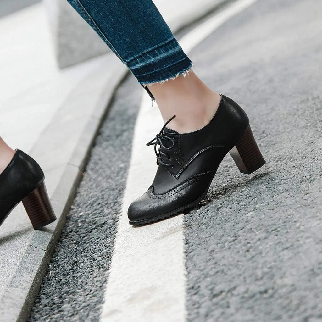 MIOKE Women's Lace Up Wingtip Pump Oxfords Brogues Perforated Chunky Block High Heel Vintage Dress Shoes