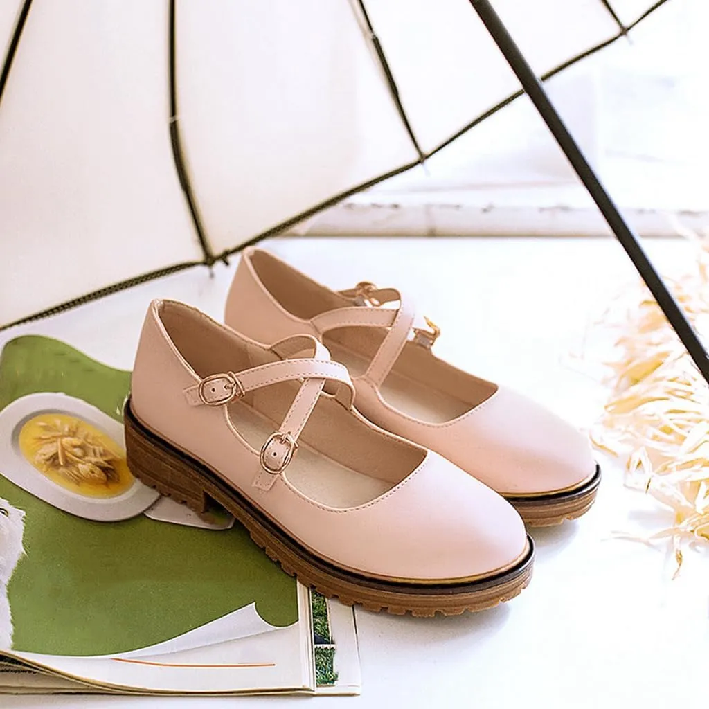 MIOKE Women's Retro Mary Jane Oxford Pumps Round Toe Buckle Cross Strap Comfy Chunky Low Heel Dress Shoes