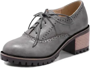 MIOKE Women's Round Toe Lace Up Pump Oxfords Brogues Wingtip Chunky Mid Heel Platform Vintage Dress Shoes