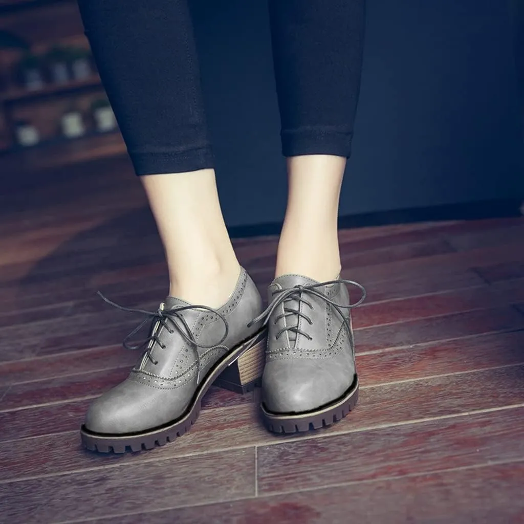 MIOKE Women's Round Toe Lace Up Pump Oxfords Brogues Wingtip Chunky Mid Heel Platform Vintage Dress Shoes