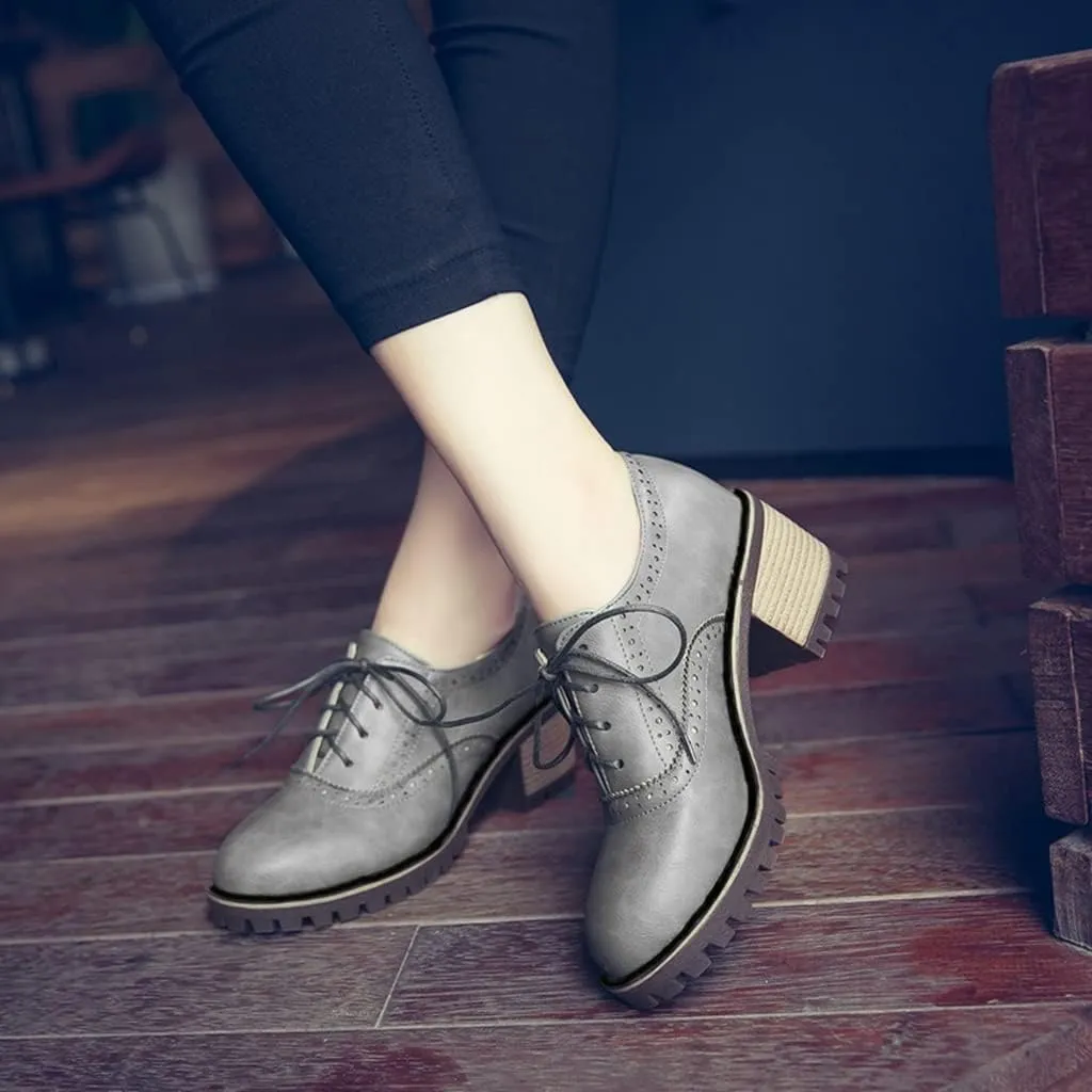 MIOKE Women's Round Toe Lace Up Pump Oxfords Brogues Wingtip Chunky Mid Heel Platform Vintage Dress Shoes