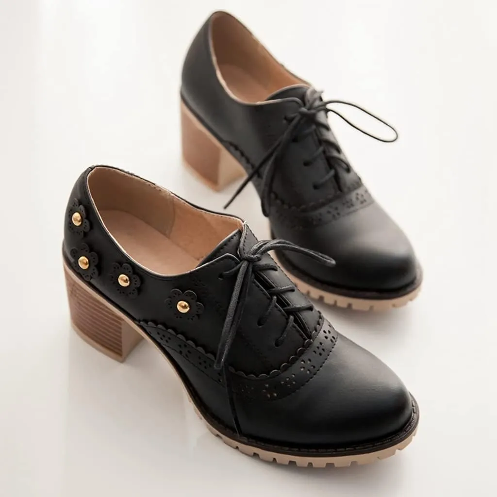 MIOKE Women's Round Toe Lace Up Pump Oxfords Vintage Two Tone Wingtip Chunky High Heel Brogues Dress Shoes