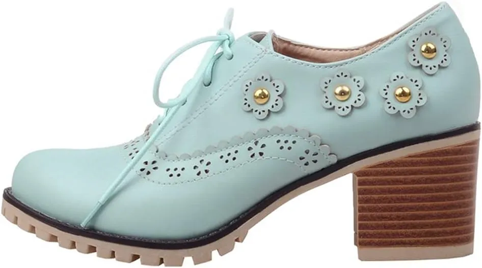 MIOKE Women's Round Toe Lace Up Pump Oxfords Vintage Two Tone Wingtip Chunky High Heel Brogues Dress Shoes