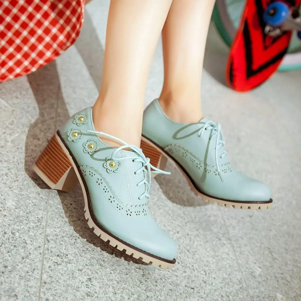 MIOKE Women's Round Toe Lace Up Pump Oxfords Vintage Two Tone Wingtip Chunky High Heel Brogues Dress Shoes