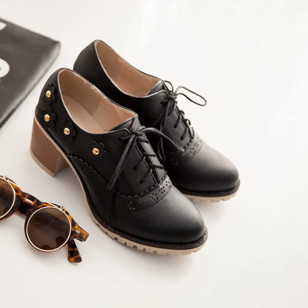 MIOKE Women's Round Toe Lace Up Pump Oxfords Vintage Two Tone Wingtip Chunky High Heel Brogues Dress Shoes