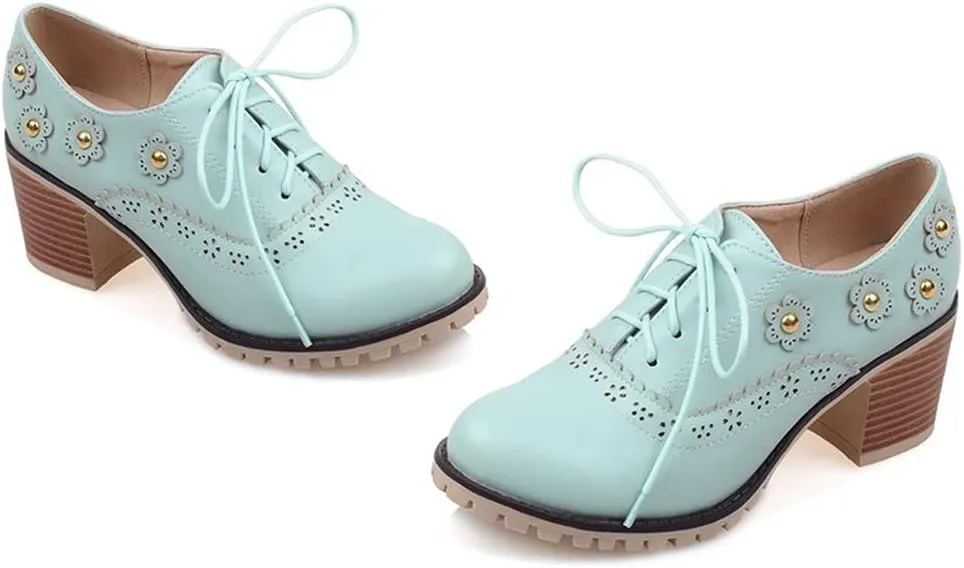 MIOKE Women's Round Toe Lace Up Pump Oxfords Vintage Two Tone Wingtip Chunky High Heel Brogues Dress Shoes