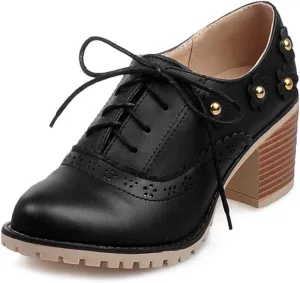 MIOKE Women's Round Toe Lace Up Pump Oxfords Vintage Two Tone Wingtip Chunky High Heel Brogues Dress Shoes